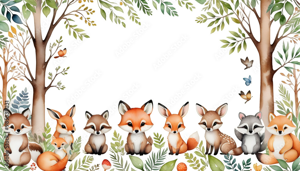 wall shower frame tree border wild home landscape animals hand kids house illustration nursery print design woodland painted cute forest art baby watercolor baby animal watercolor illustration nature