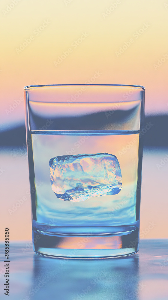 A single ice cube floats in a glass of water, reflecting the colorful sunset. A single ice cube floats in a glass of water, reflecting the colorful sunset.
