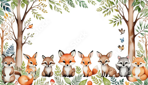 Obraz na płótnie wall shower frame tree border wild home landscape animals hand kids house illustration nursery print design woodland painted cute forest art baby watercolor baby animal watercolor illustration nature w salonie