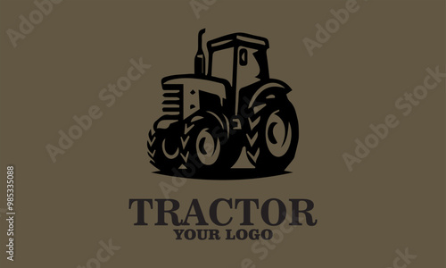 Black tractor in field at sunset with text tractor for logo use. Perfect for agricultural businesses or farmrelated branding, vektor and background