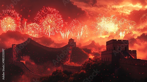 Spectacular fireworks display over the Great Wall of China. photo