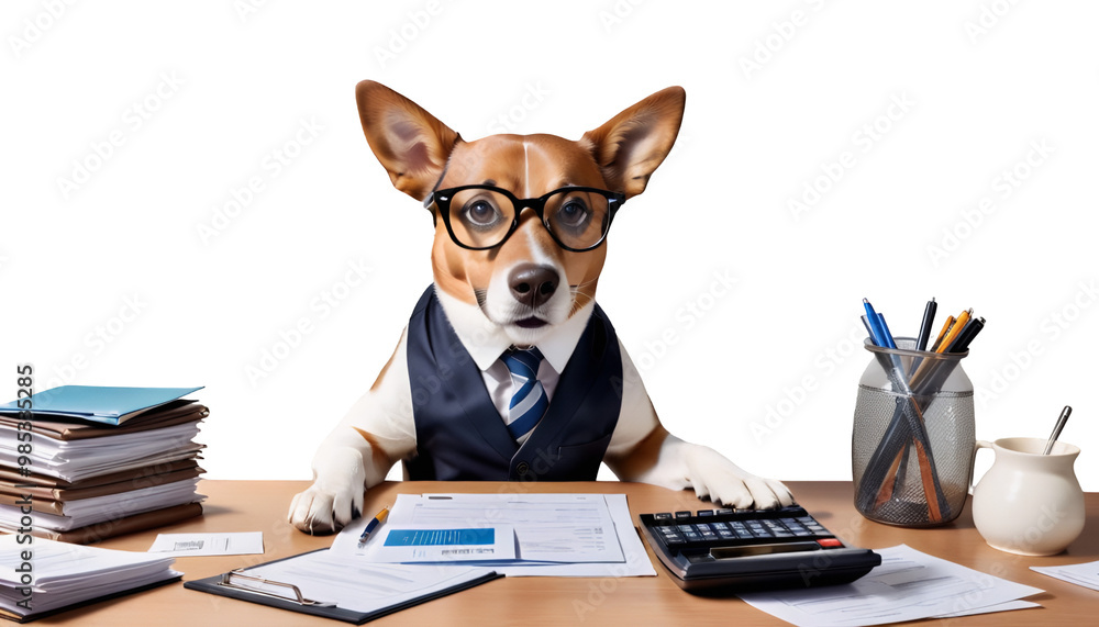 professional mouth facial calculator aring expression working open glasses working documents concept dog table animal serious worried three-dimensional ai animal business cartoon cute entrepreneur
