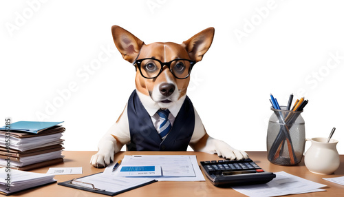  professional mouth facial calculator aring expression working open glasses working documents concept dog table animal serious worried three-dimensional ai animal business cartoon cute entrepreneur photo