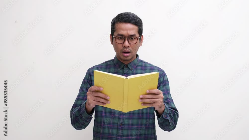 A man showing shocked face expression after read a book A man showing shocked face expression after read a book