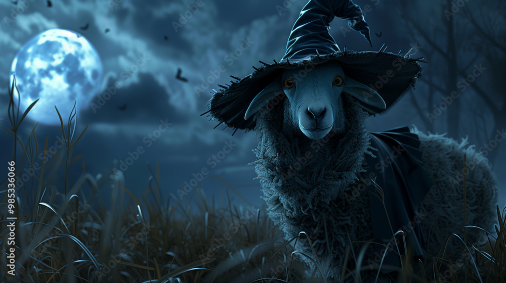 Sheep in a witch hat under the moonlight in a spooky field setting Sheep in a witch hat under the moonlight in a spooky field setting