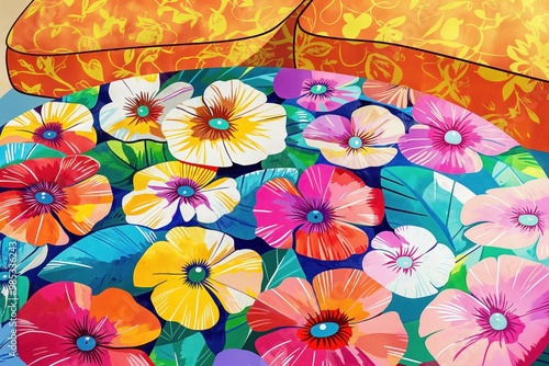 Wallpaper Mural Vibrant floral bed with pink and yellow flowers in circular pattern. Bed in center of image, yellow pillow on left, pink pillow on right. Gray background provides contrast to colorful floral design. Torontodigital.ca