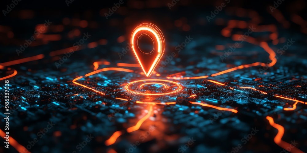 Glowing Orange Pinpoint on a Dark Circuit Board with Neon Blue and Orange Lines. Glowing Orange Pinpoint on a Dark Circuit Board with Neon Blue and Orange Lines.