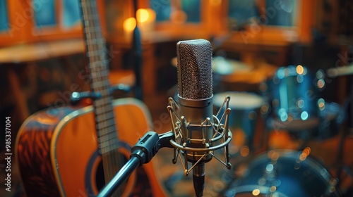 Live Recording Session with Acoustic Guitar and Microphone in Music Studio photo