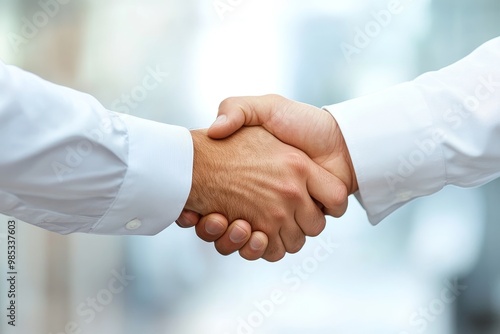 Two men shaking hands in a business agreement.