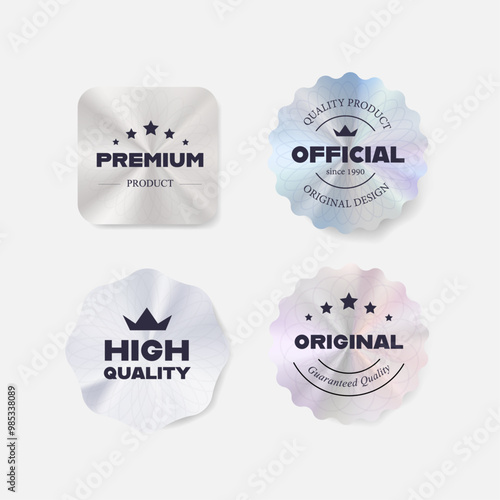 Holographic silver gradient sticker and label. Hologram stickers gradient sticker, shinny tag, glossy label. Promotion sale decoration smooth metal surface. illustration vector premium.