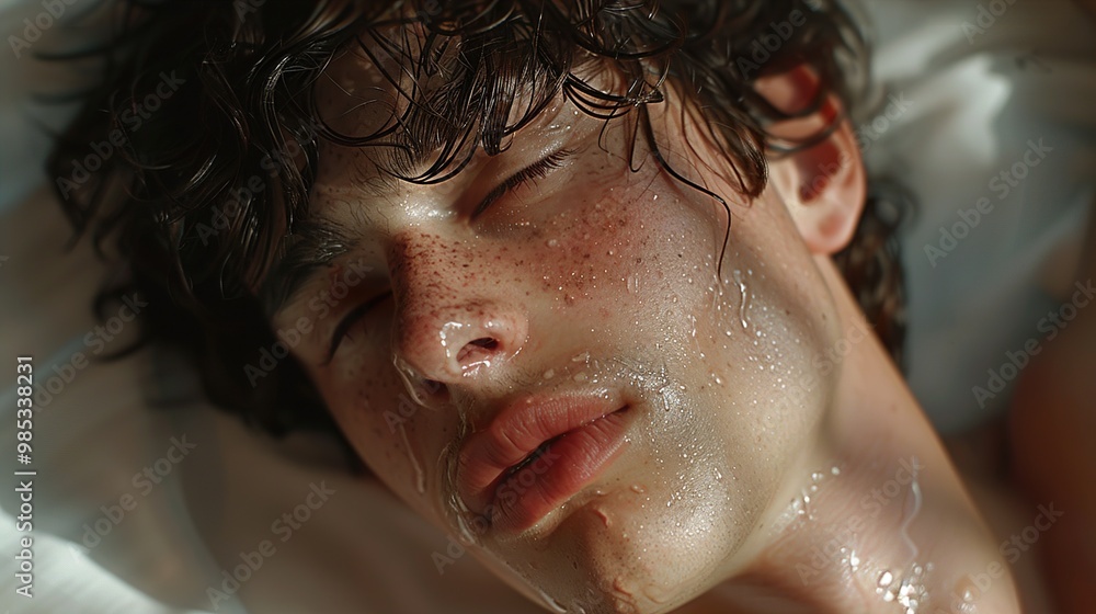 Close-Up Portrait of a Young Man with Wet Skin and Freckles Close-Up Portrait of a Young Man with Wet Skin and Freckles
