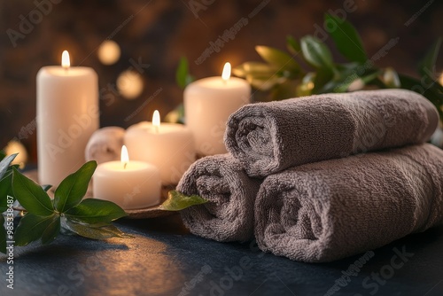 Rolled towels and burning candles on a table, decorated with leaves.