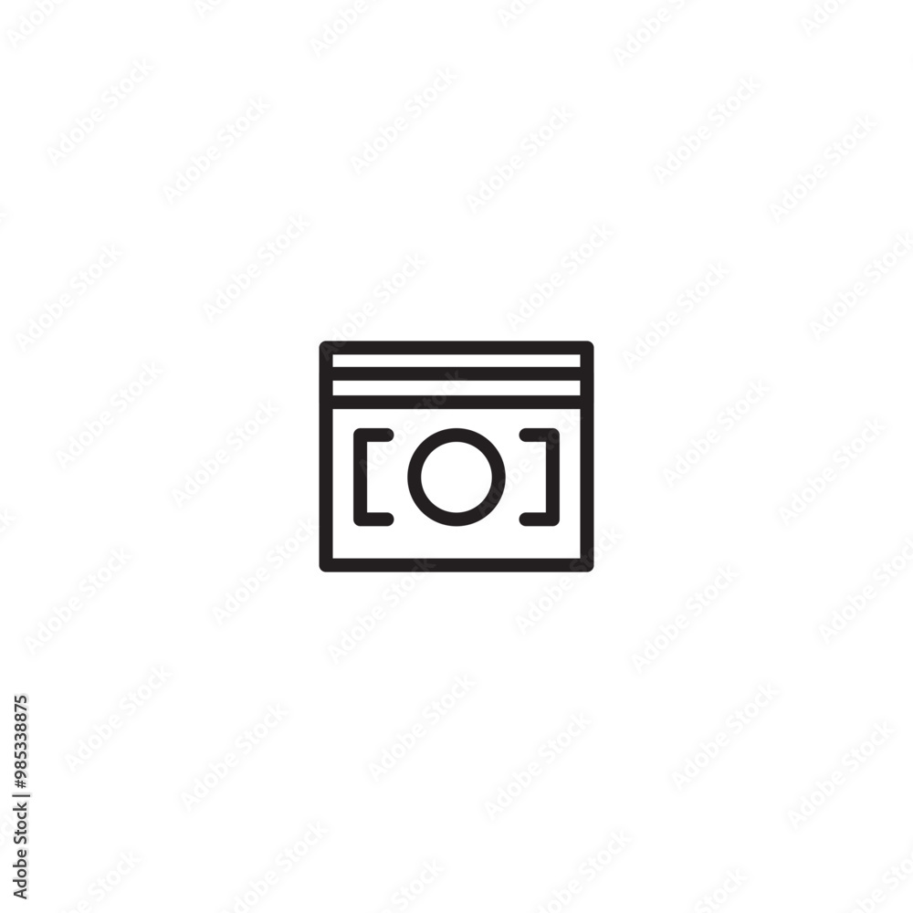 Icon of a rectangle with a circle inside and brackets. A curious shape with a circle peeking out from brackets. Editable icon. Icon of a rectangle with a circle inside and brackets. A curious shape with a circle peeking out from brackets. Editable icon.
