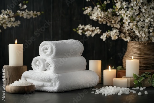 Spa-like setting with white towels, candles, and sea salt on a wooden table.