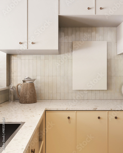 cozy home interior background, modern scandinavian style kitchen with mockup poster, 3d render	
