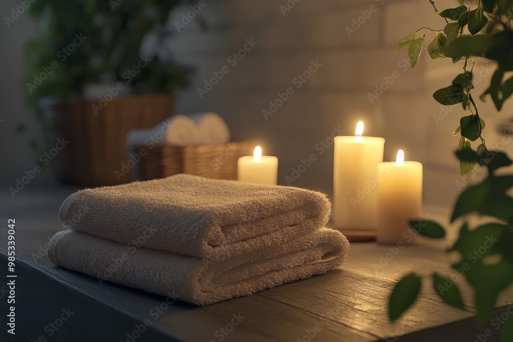 Two white towels folded on wooden surface, with three lit candles and green leaves in the background. Two white towels folded on wooden surface, with three lit candles and green leaves in the background.