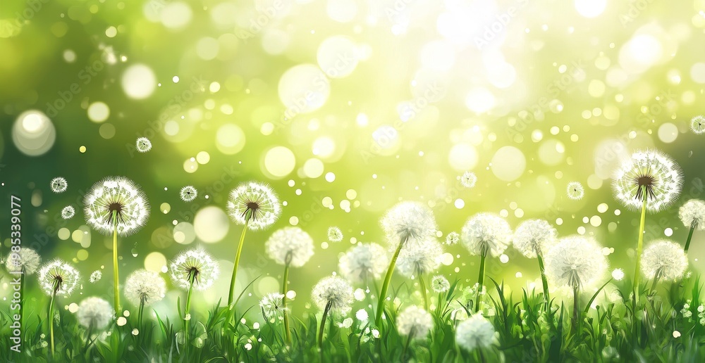 Dandelion seeds with bokeh background in a green field. Dandelion seeds with bokeh background in a green field.