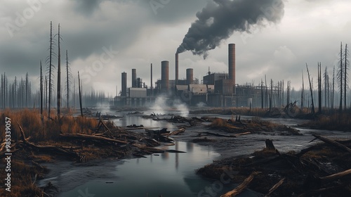 A desolate industrial landscape featuring a smokestack emitting dark smoke. A polluted river winds through the barren terrain.