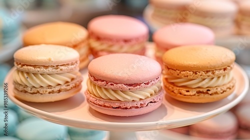 Closeup of colorful macarons arranged neatly on a dessert stand with delicate details in their soft pastel hues ready for an elegant event