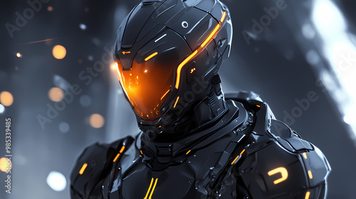 A futuristic robot figure in sleek dark metallic armor with glowing orange accents stands in a dimly lit environment and a helmet with a glowing visor. Futuristic Armor. Illustration photo