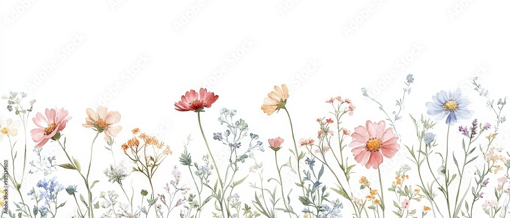 Naklejka premium Watercolor painting of delicate wildflowers in shades of pink, blue, and yellow.