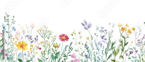 Watercolor illustration of a beautiful wildflower border on a white background.