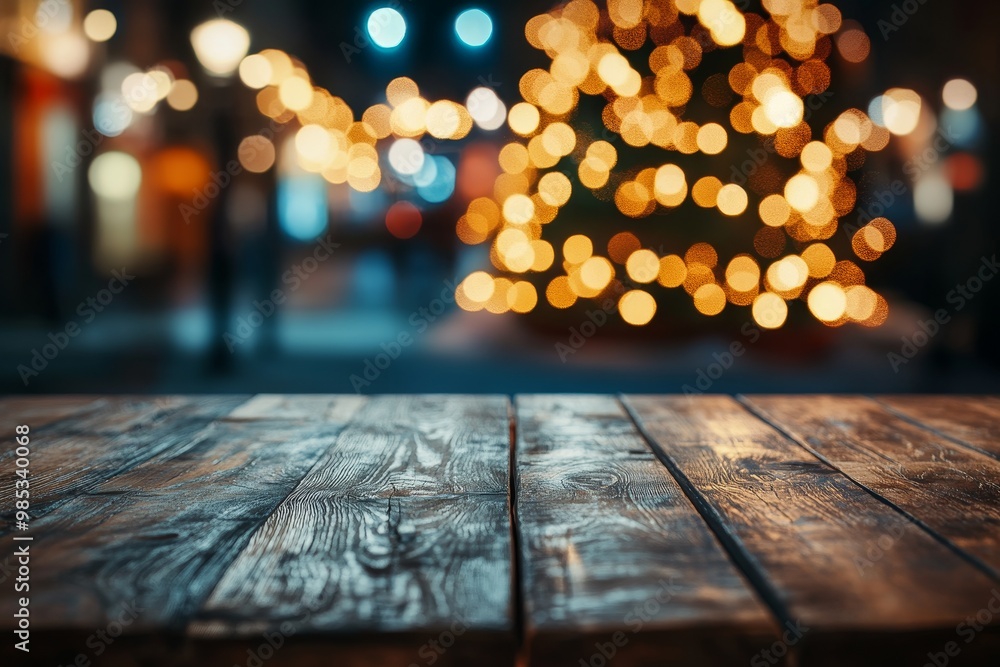 Wooden table with blurred background of city lights, ideal for product placement. Wooden table with blurred background of city lights, ideal for product placement.