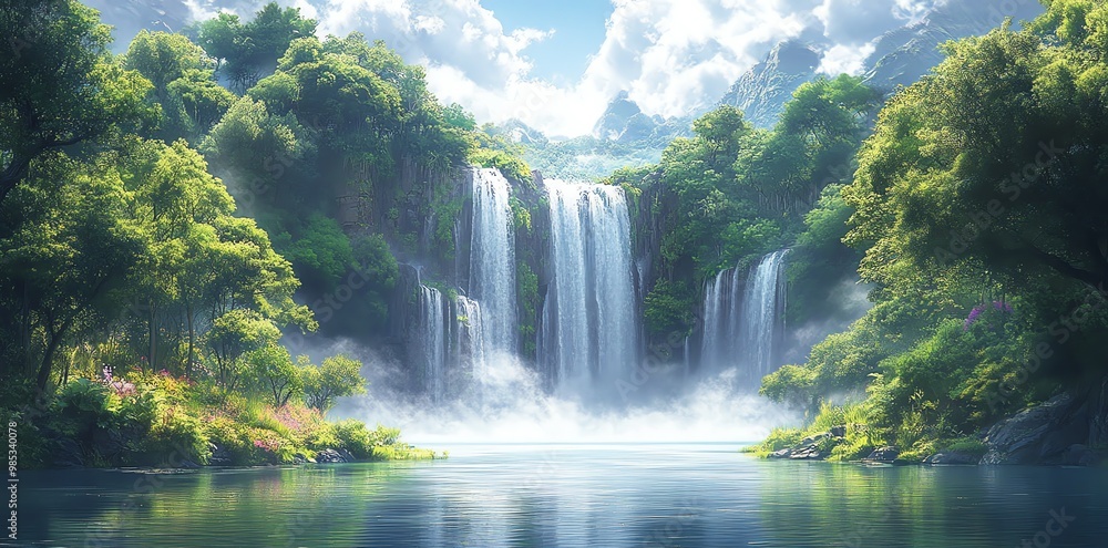 Lush green foliage frames a majestic waterfall cascading into a serene lake. Lush green foliage frames a majestic waterfall cascading into a serene lake.