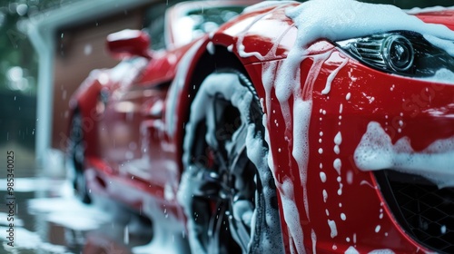 Red sports car washed with foam AI generated image