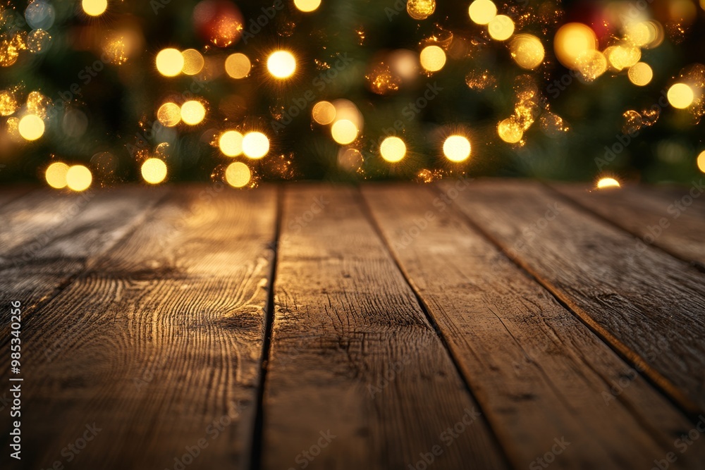 Rustic wooden table with blurry golden lights in the background. Rustic wooden table with blurry golden lights in the background.