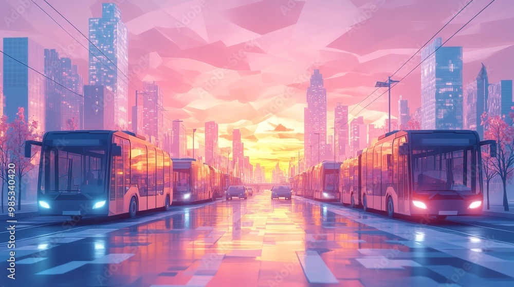 Fototapeta premium Cityscape Sunset Bus.