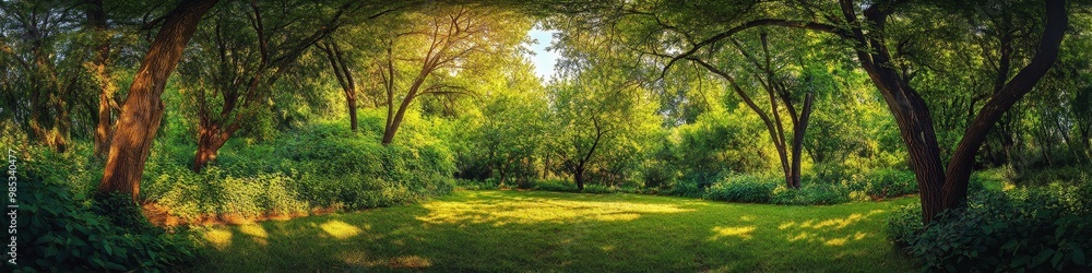 Sunlight shines through the trees in a green summer forest, illuminating the lush green grass.