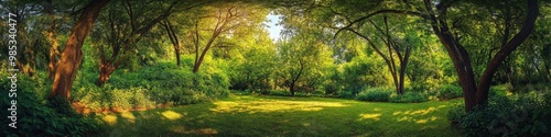 Sunlight shines through the trees in a green summer forest, illuminating the lush green grass.