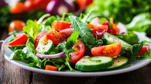 Vibrant salad composition featuring a mix of fresh greens, colorful vegetables, and toppings. The salad includes crisp lettuce, ripe tomatoes, crunchy cucumbers, and a sprinkle of nuts or seeds