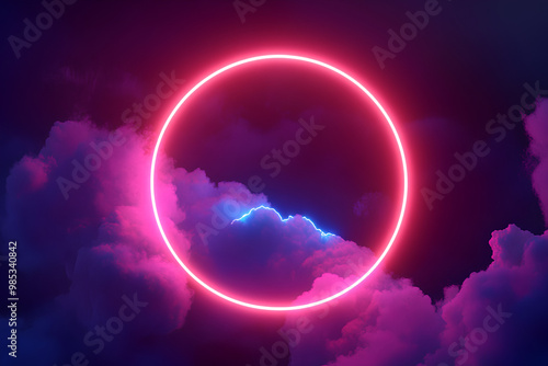 3d render, abstract cloud illuminated with neon light ring on dark night sky. Glowing geometric shape, round frame