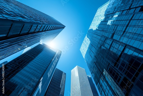 Low angle view of modern skyscrapers with blue glass facades against a clear blue sky.