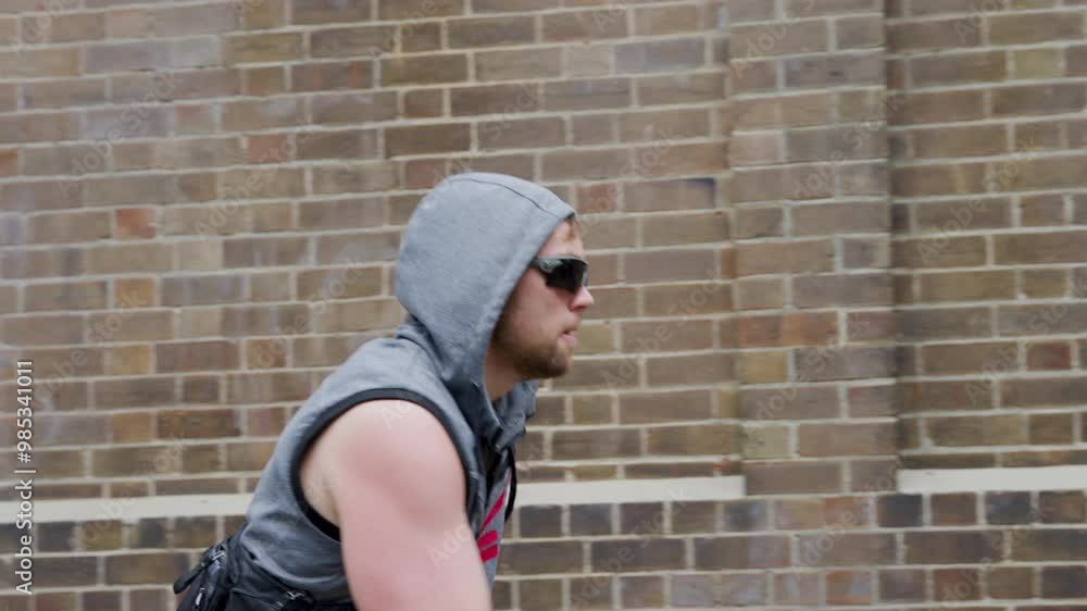Hooded man running through alleyway and turning around Hooded man running through alleyway and turning around