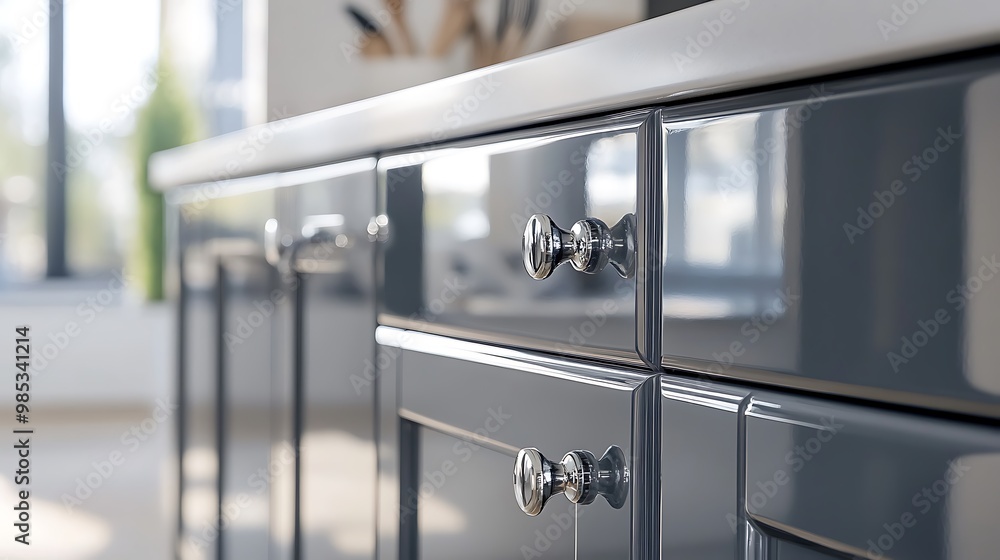 Closeup of Grey Kitchen Cabinet with Chrome Handles Closeup of Grey Kitchen Cabinet with Chrome Handles