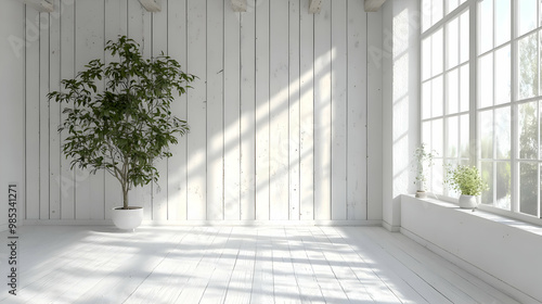 White Room Interior Design with Green Plant in Pot, Sunbeams and Window Background