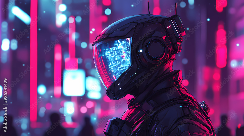 Fototapeta premium A futuristic security soldier equipped with full-body armor that protects the city, generative ai. Futuristic Armor. Illustration