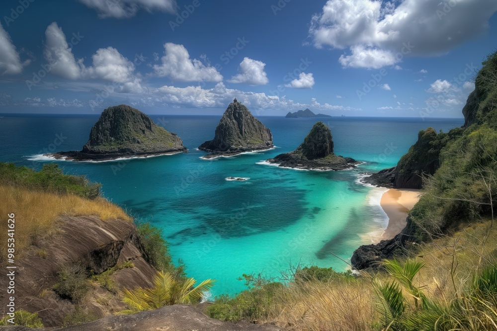 Fernando Noronha archipelago aerial view of Two Brothers Rock, Pernambuco, Brazil. Turquoise sea meets green vegetation, blue sky with white clouds. Mountain peak, beach, cliff combine to form scenic Fernando Noronha archipelago aerial view of Two Brothers Rock, Pernambuco, Brazil. Turquoise sea meets green vegetation, blue sky with white clouds. Mountain peak, beach, cliff combine to form scenic