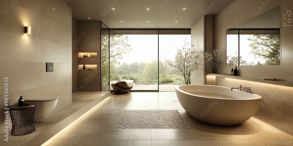 Modern bathroom with freestanding bathtub, large window, and pebble floor. Modern bathroom with freestanding bathtub, large window, and pebble floor.