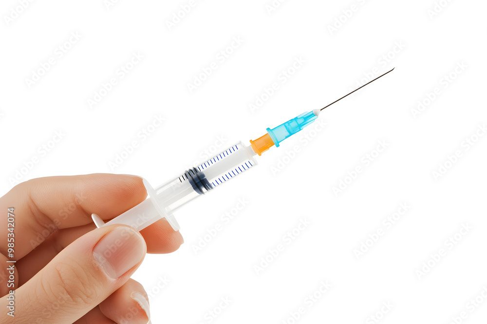 A hand holding a medical syringe, symbolizing healthcare or medical procedures A hand holding a medical syringe, symbolizing healthcare or medical procedures