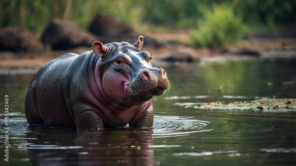 Baby Hippopotamus in Water African Wildlife Cute Animal Closeup Baby Hippopotamus in Water African Wildlife Cute Animal Closeup