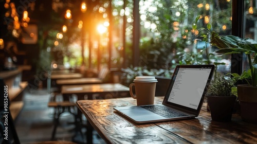 Cozy café workspace with a laptop and coffee during a warm sunset, creating a perfect atmosphere for productivity and relaxation