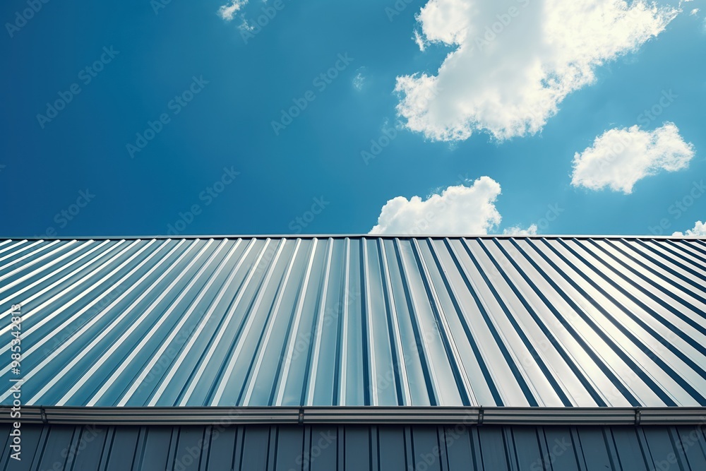 Fototapeta premium Gray metal roof with silver metal strip running along edge, angled to right. Central silver strip creates balance. Blue sky with fluffy white clouds above.