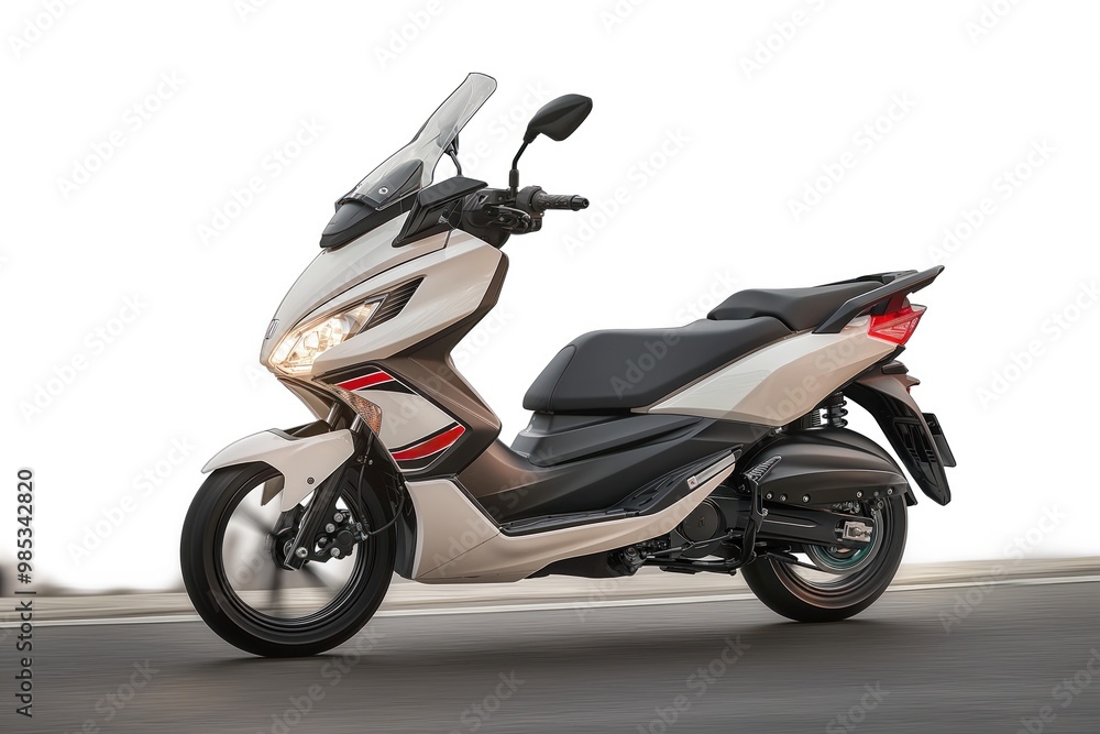 White and black motorcycle with black seat and handlebars parked on gray road. Motorcycle faces right side of frame with blurred background suggesting motion. White and black motorcycle with black seat and handlebars parked on gray road. Motorcycle faces right side of frame with blurred background suggesting motion.