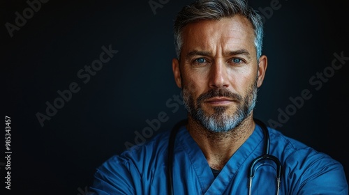 A confident male doctor in scrubs with a stethoscope, posing against a dark background in a clinical setting during the evening