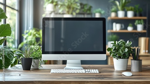 A minimalist home office featuring a sleek computer setup amidst a variety of indoor plants in a sunny workspace