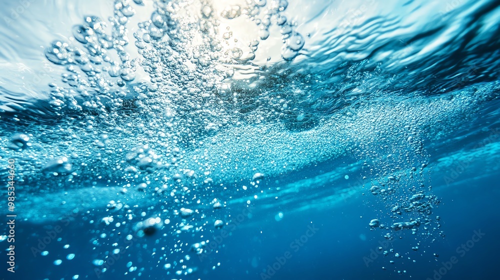 Bubbles rising in clear blue water create a serene underwater scene, illuminated by sunlight glistening on the surface. Bubbles rising in clear blue water create a serene underwater scene, illuminated by sunlight glistening on the surface.